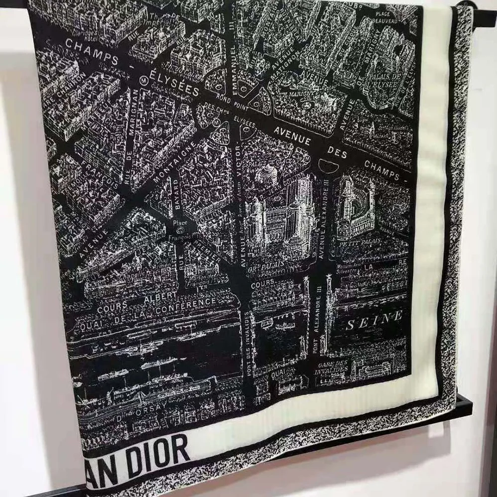 Dior Plan De Paris 90 Square Scarf Black and White Silk Twill for Women