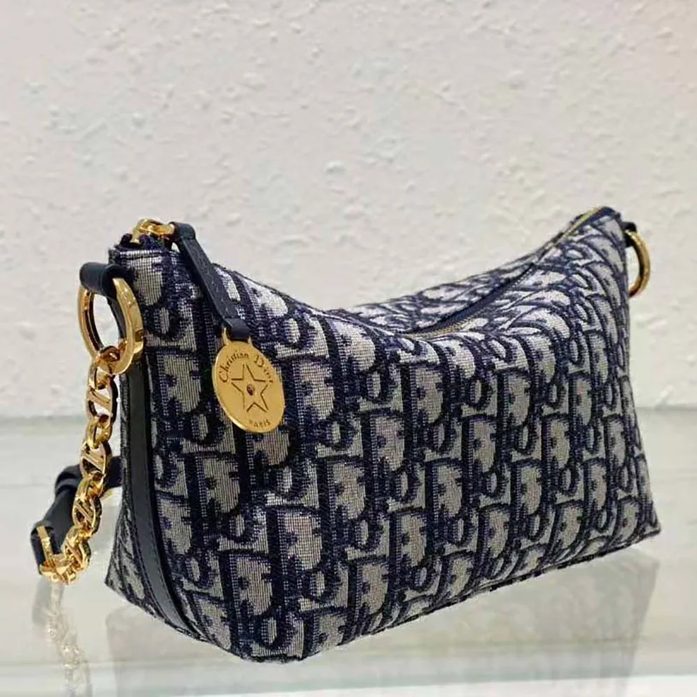 Dior Diorstar Hobo Bag with Chain Blue Dior Oblique Jacquard for Women