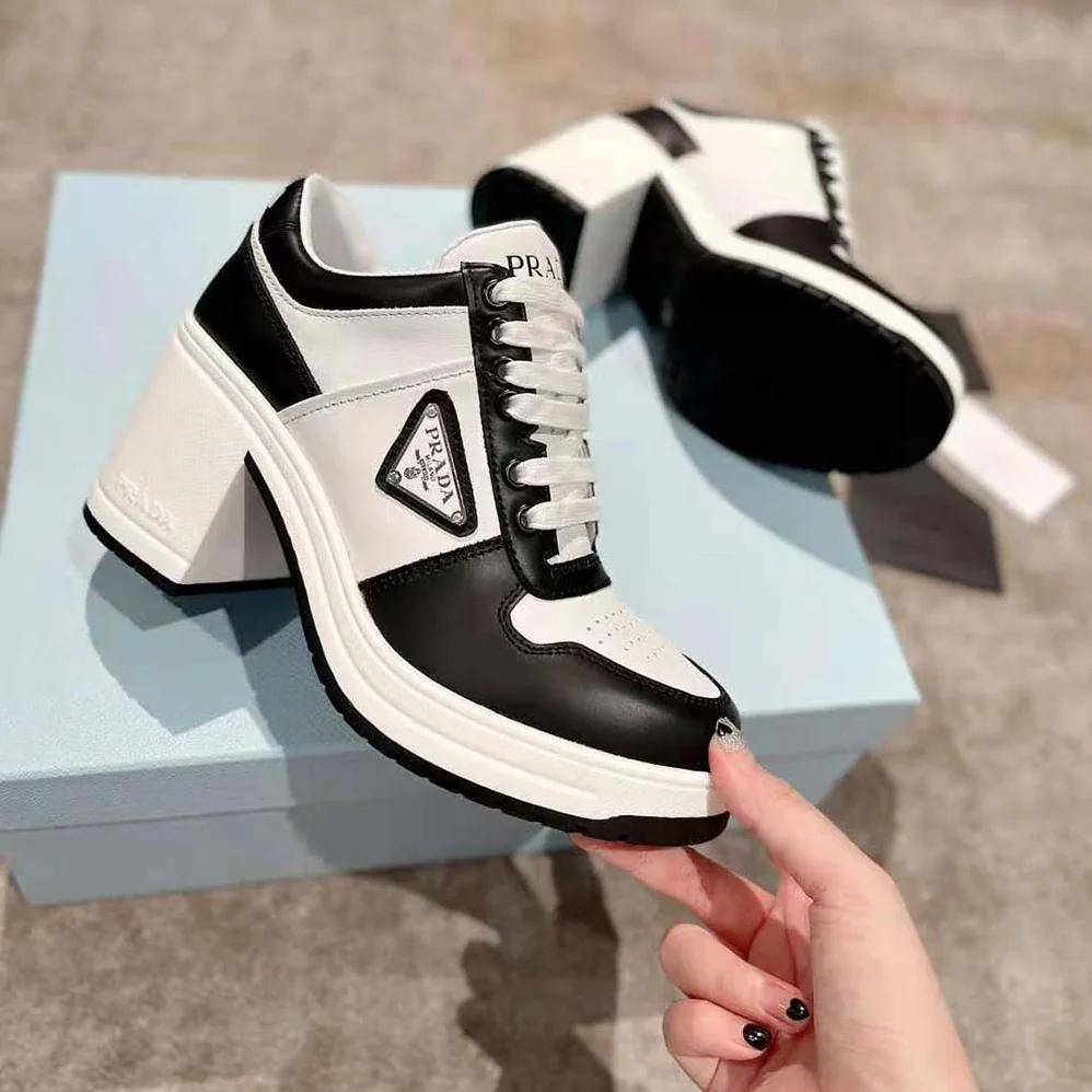 Prada Downtown High-Heeled Leather Sneakers for Women in Black