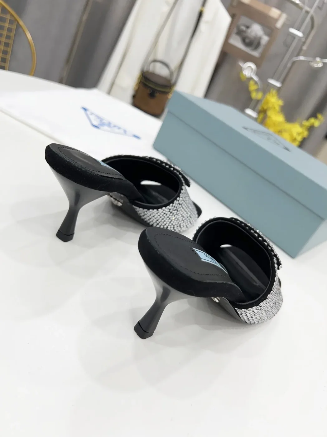 Prada Satin Heeled Sandals With Crystals Silver /