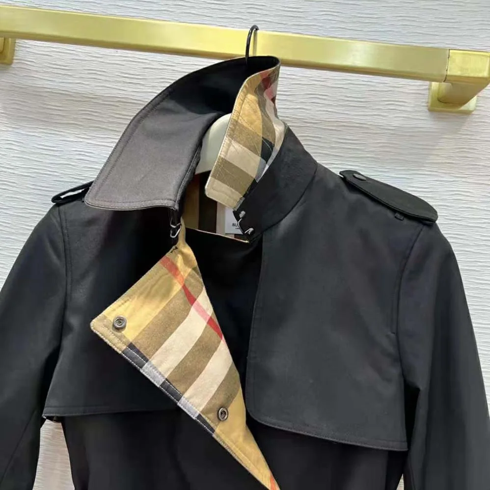 Burberry Check Panel Cotton Gabardine Trench Coat for Women in Black Burberry Check Panel Cotton Gabardine Trench Coat for Women in Black