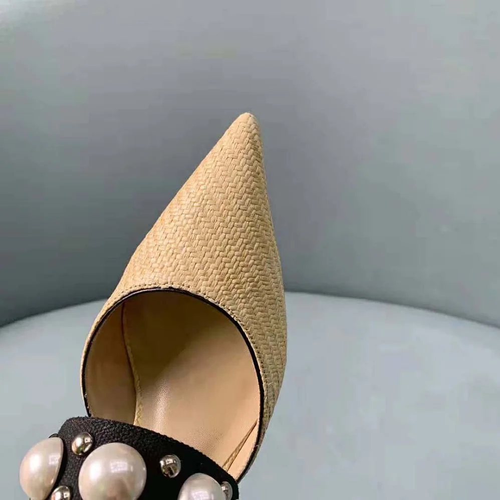 Jimmy Choo Breslin 100 Natural Raffia Slingbacks with Pearl and Stud Embellishment for Women
