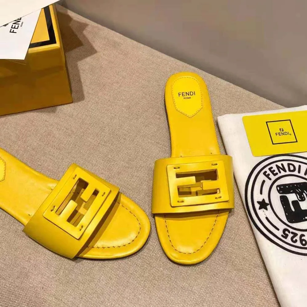 Fendi Signature Yellow Leather Slides in 0.4 inches Heel Height for Women
