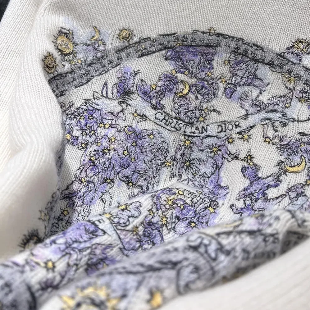 Dior Embroidered Sweater Ecru Cashmere Knit with Blue Dior Night of Dreams Motif for Women Dior Embroidered Sweater Ecru Cashmere Knit with Blue Dior Night of Dreams Motif for Women