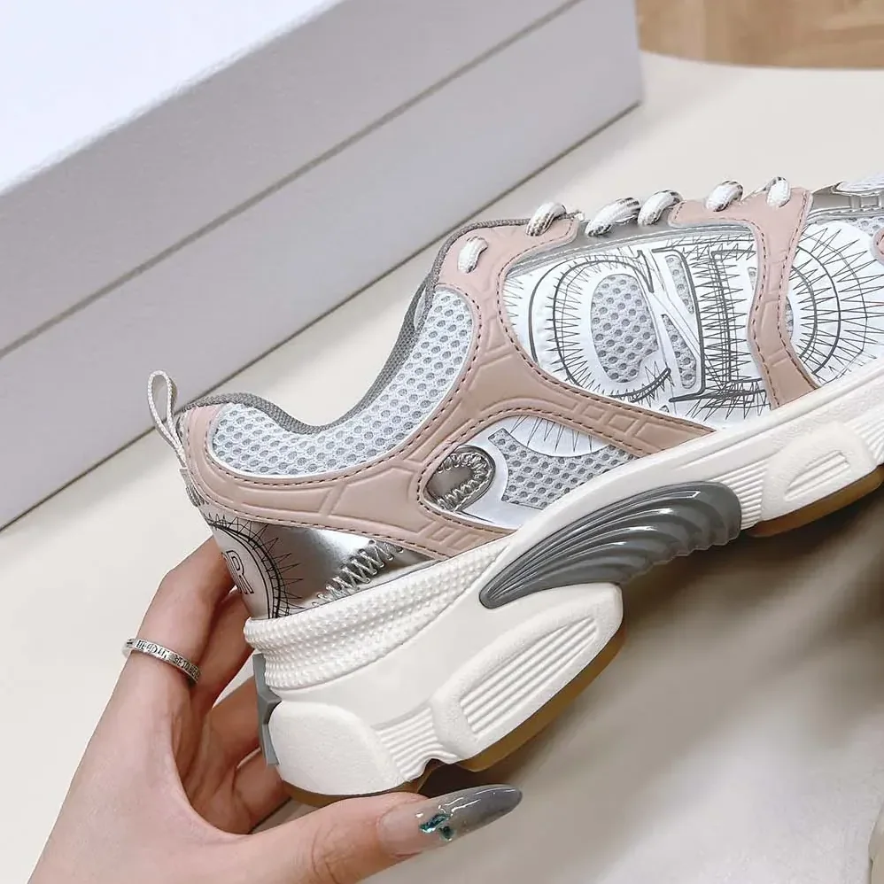 Dior Chrono Sneaker White Mesh with Nude and Silver-Tone Laminated Leather for Women in Effect Panels