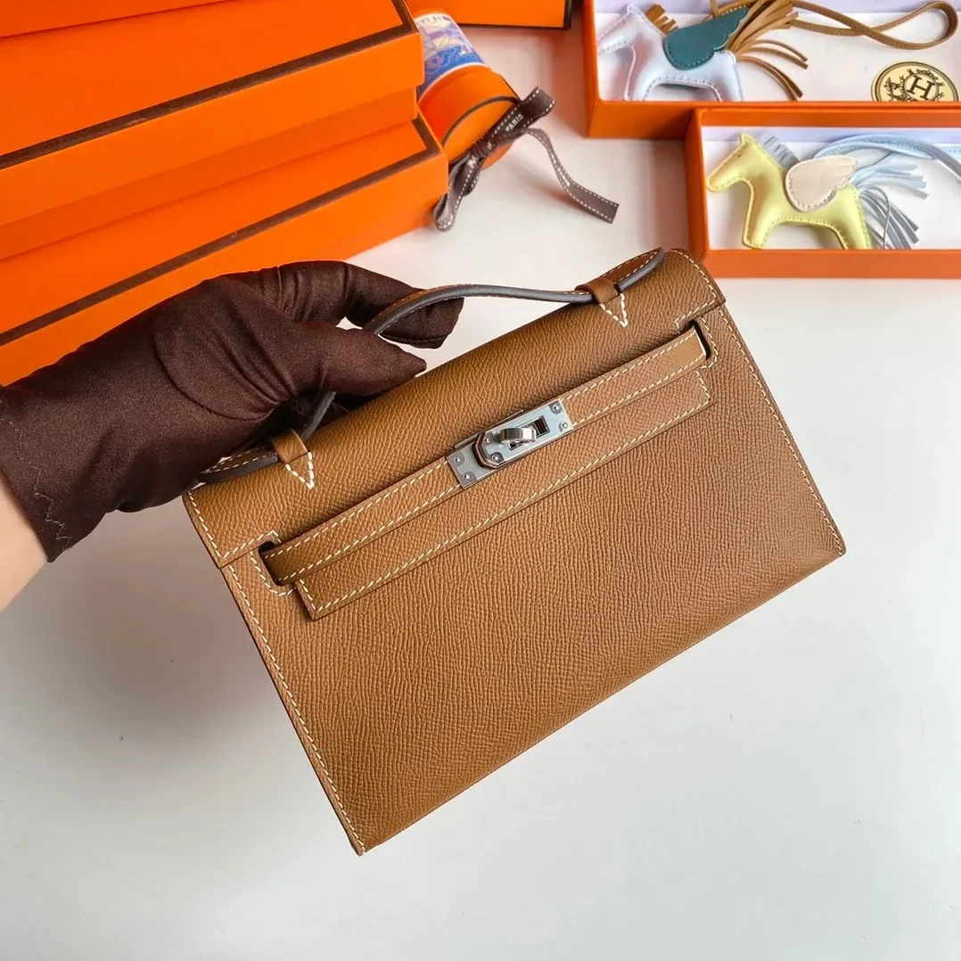 Hermes Kelly Pochette Top Handle Bag in Brown Epsom Palladium Hardware
