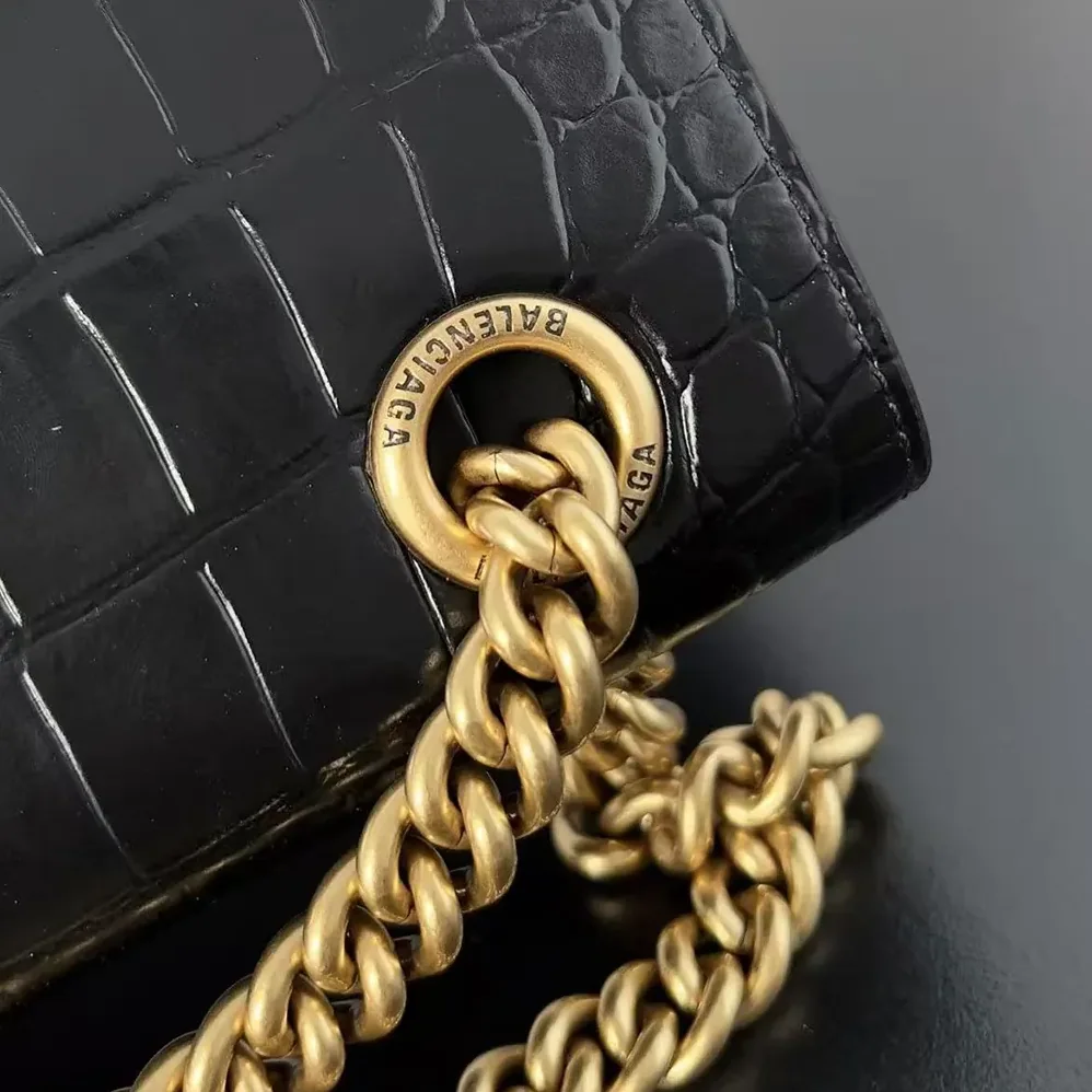 Balenciaga Small Crush Shoulder Bag in Black Shiny Crocodile Embossed Leather for Women