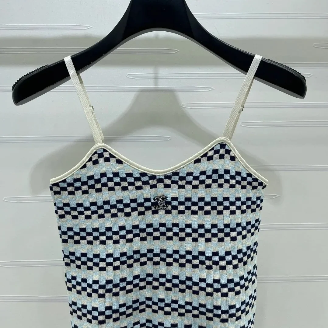 Chanel Checkered Intarsia Camisole Blue