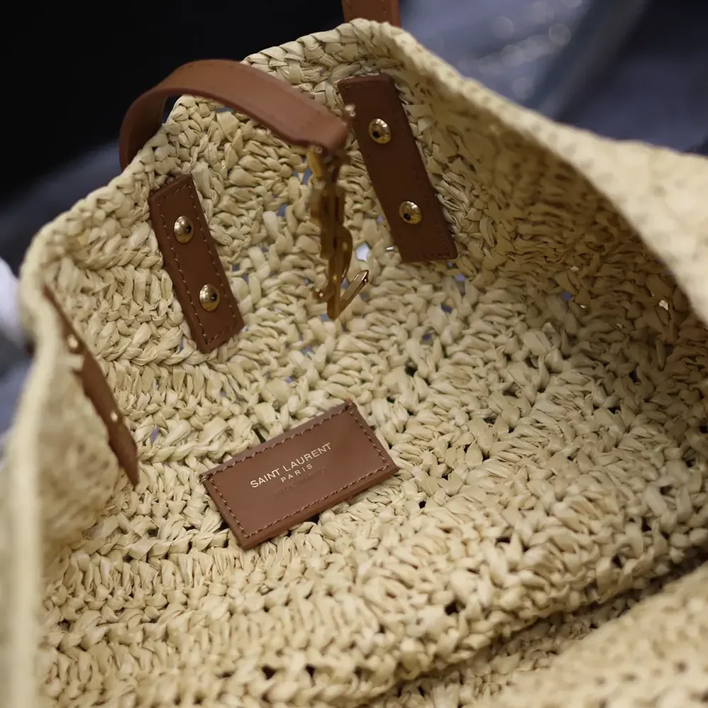 Saint Laurent YSL Panier Medium in Raffia and Vegetable for Women in tanned Leather Saint Laurent YSL Panier Medium in Raffia and Vegetable for Women in tanned Leather