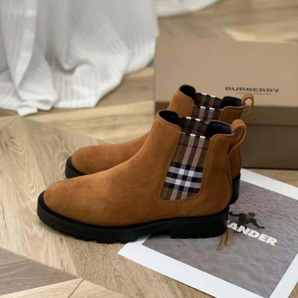 Burberry Vintage Check Detail Suede Chelsea Boots for Women in Brown Burberry Vintage Check Detail Suede Chelsea Boots for Women in Brown