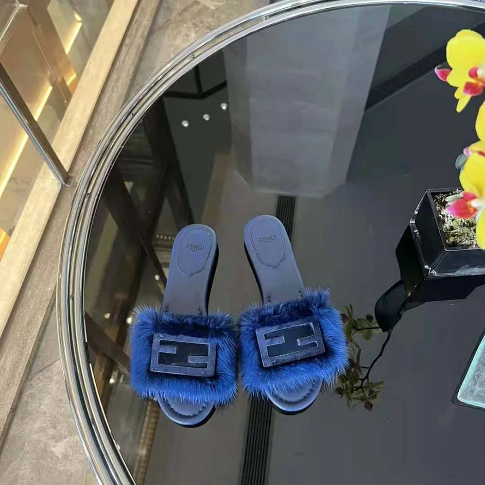 Fendi Baguette Blue Mink Slides for Women Fendi Baguette Blue Mink Slides for Women