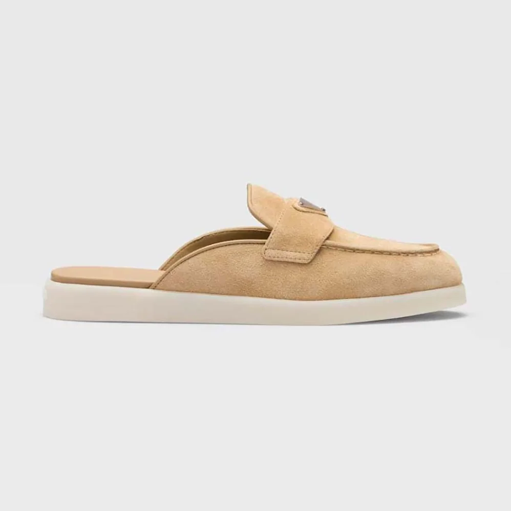 Prada Suede Leather Sabots with Enameled Metal Triangle Logo for Unisex in Brown