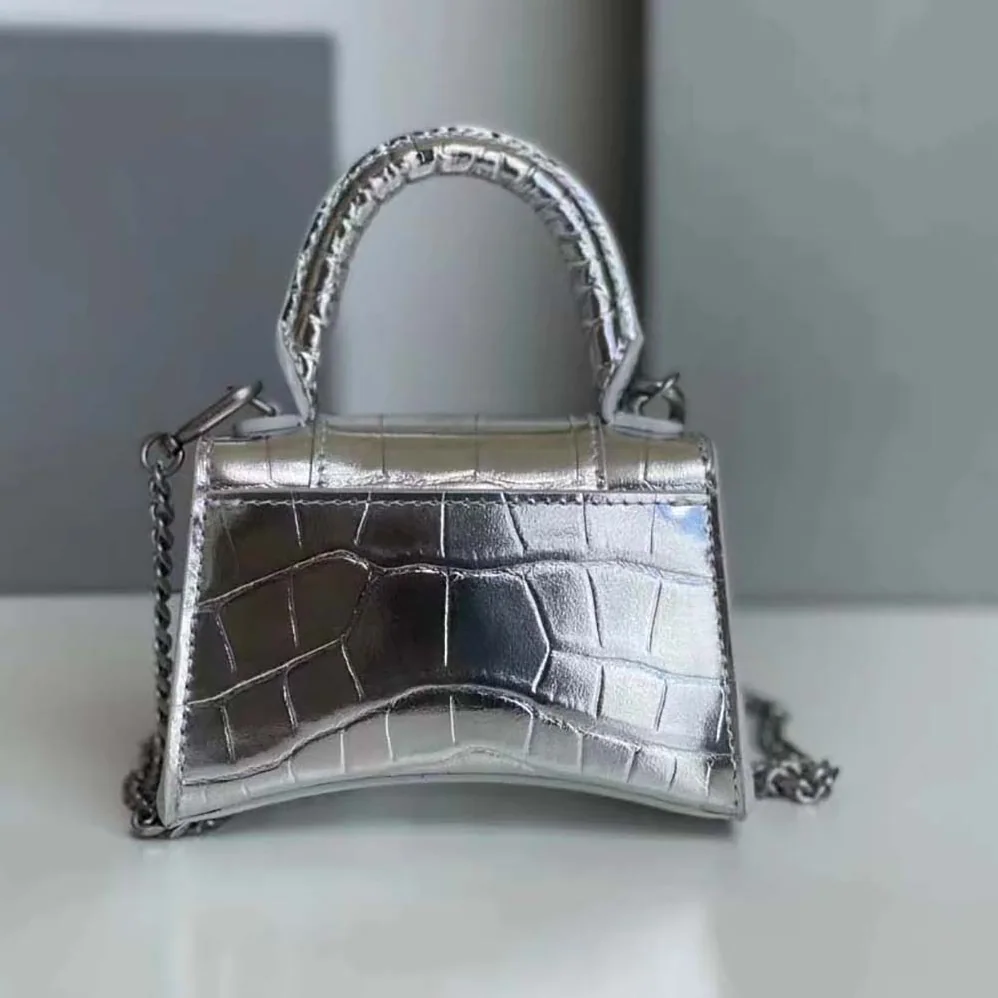 Balenciaga Hourglass Mini Top Handle Bag in Silver Crocodile Embossed Calfskin for Women