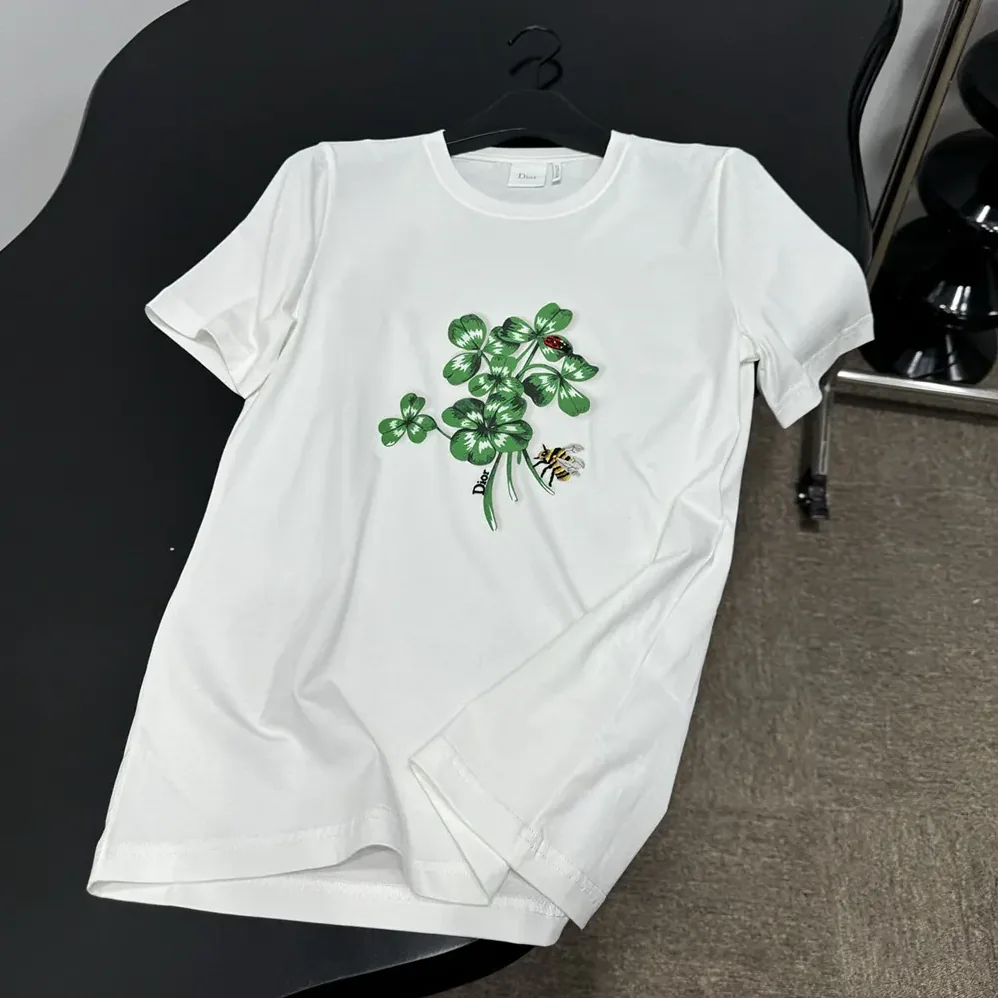 Dior Fitted T-Shirt White Cotton Jersey with Green Dior Clover Motif for Women