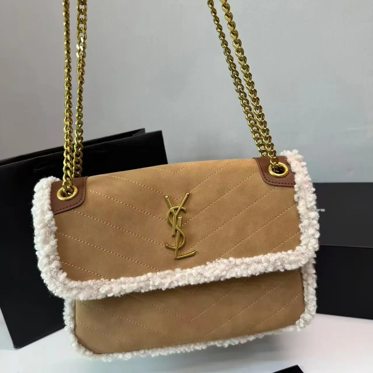 Saint Laurent Taupe Shearling Medium Niki Bag Brown