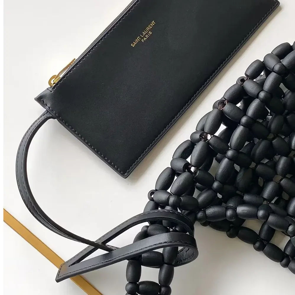 Saint Laurent YSL Le 5 À 7 In Wood Beads for Women in Black Saint Laurent YSL Le 5 À 7 In Wood Beads for Women in Black