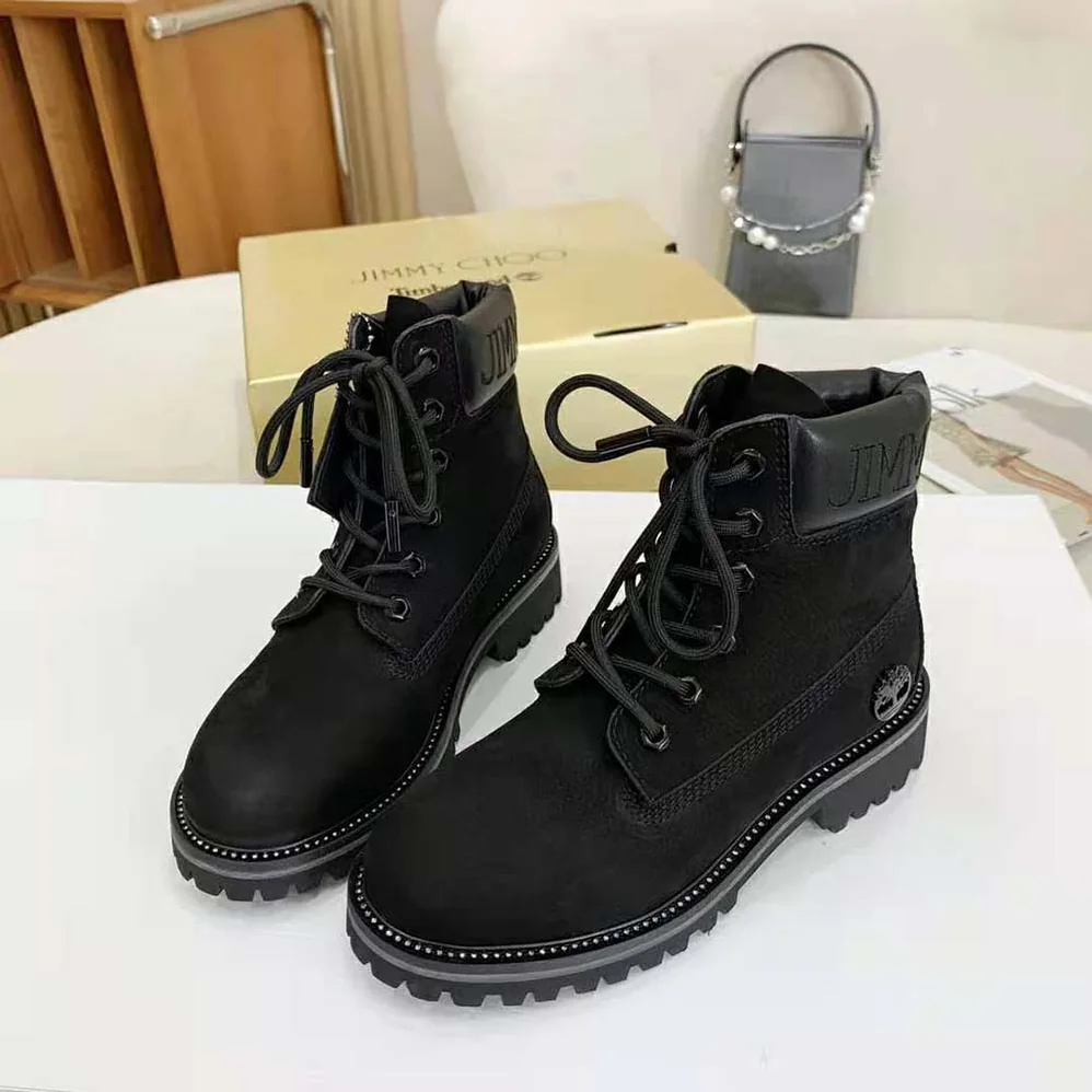 Jimmy Choo JC X Timberland/M Black Nubuck Leather Boots with Gunmetal Glitter for Women
