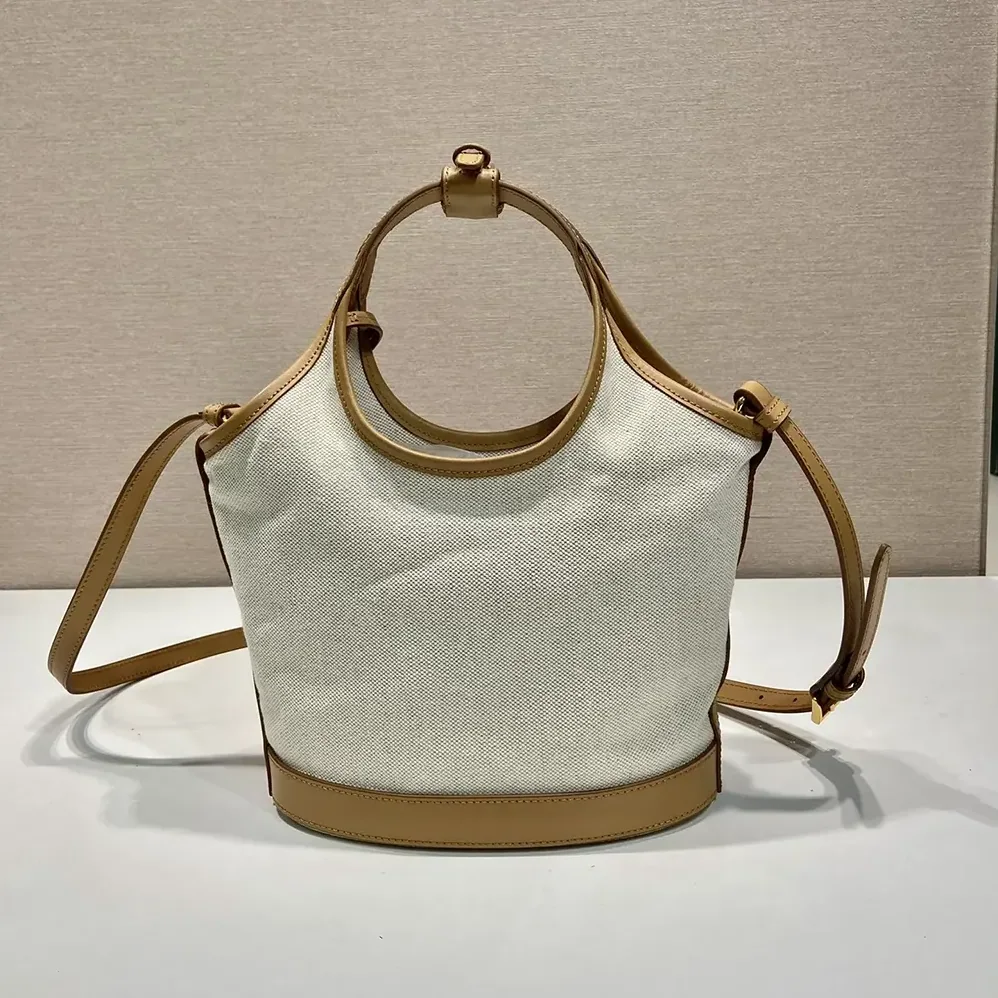 Prada Medium Linen Blend and Leather Tote Bag for Women Prada Medium Linen Blend and Leather Tote Bag for Women