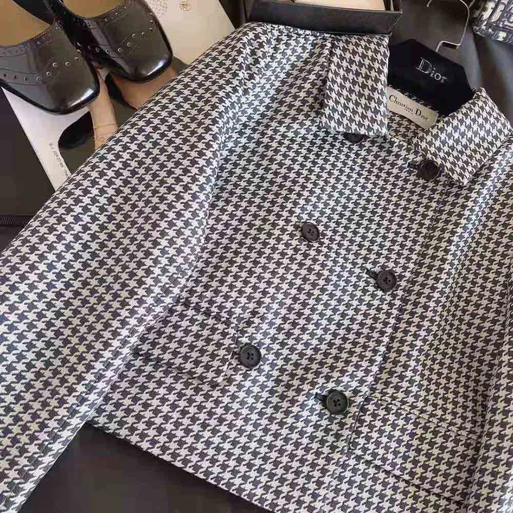 Dior Cropped Jacket Navy Blue Technical Cotton Jacquard with Micro Houndstooth Motif for Women