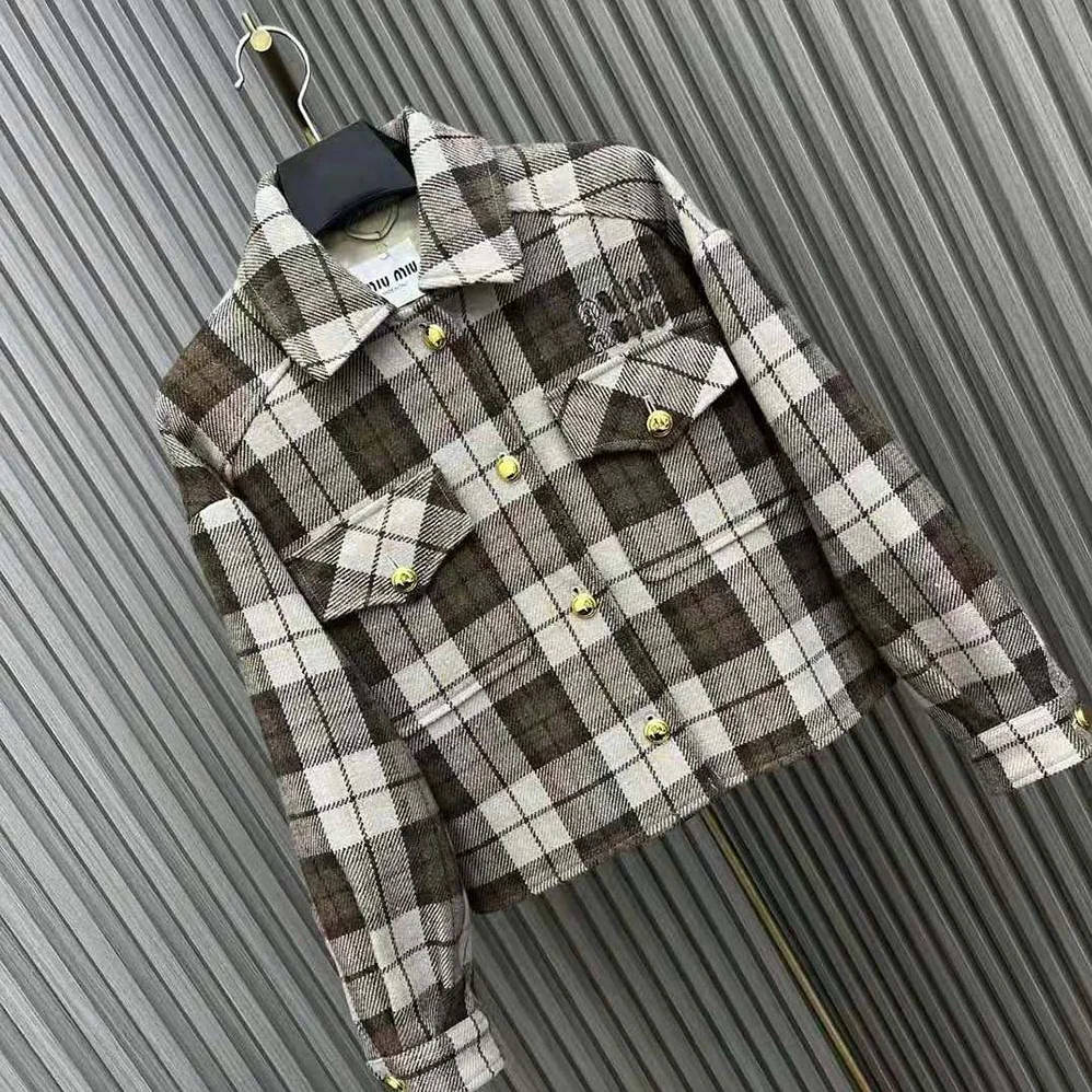 Miu Miu Check Blouson Jacket with Embroidered Logo for Women