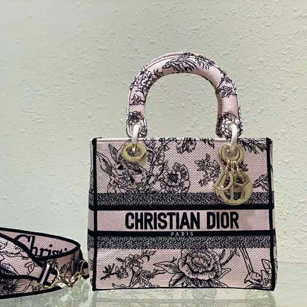 Dior Medium Lady D-lite Bag Powder Pink Dior Jardin Botanique Embroidery for Women
