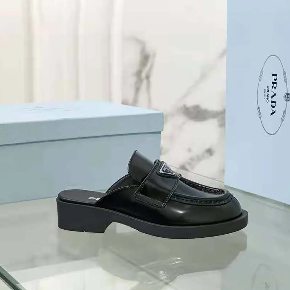 Prada Chocolate Brushed Leather Mules for Women in Black