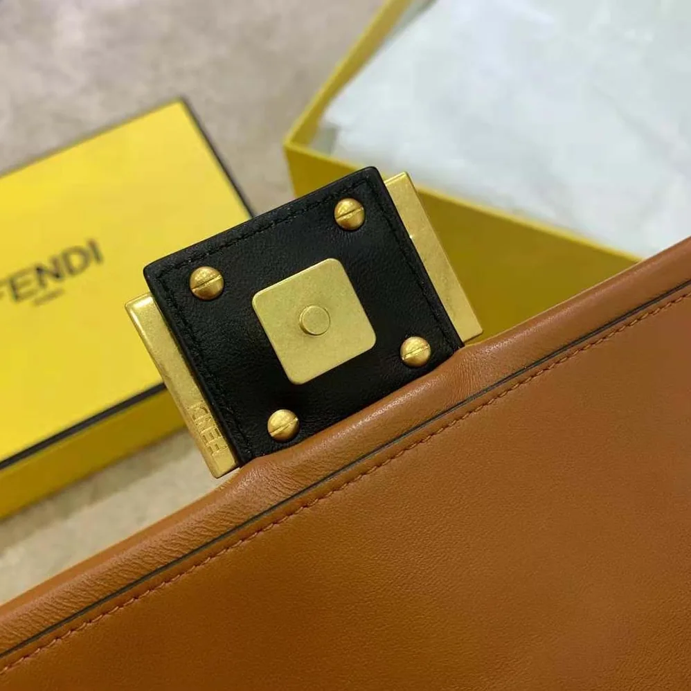 Fendi Mini Baguette Chain Brown and Black Nappa Leather Bag for Women