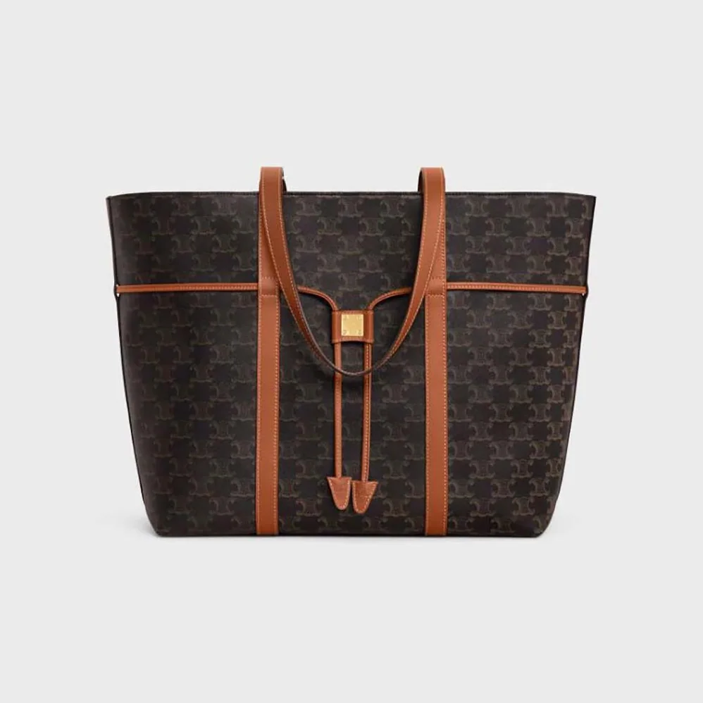 Celine Cabas Drawstring in Triomphe Canvas and Calfskin for Women in Brown