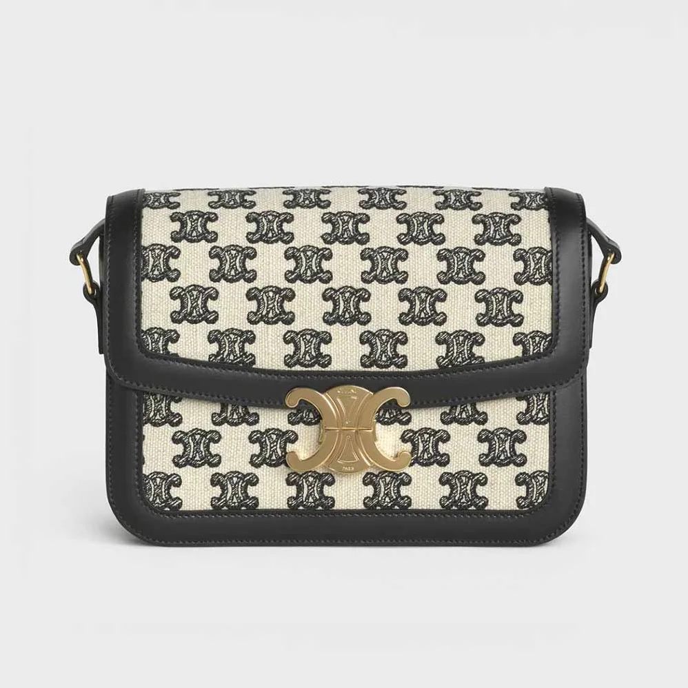 Celine Medium Triomphe Bag in Textile with Triomphe Embroidery and Calfskin for Women