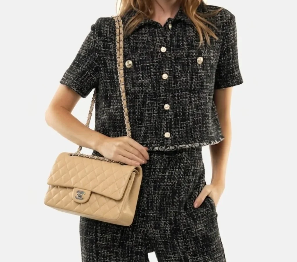 Chanel Classic Double Flap Bag Medium Crossbody in Beige Silver Hardware