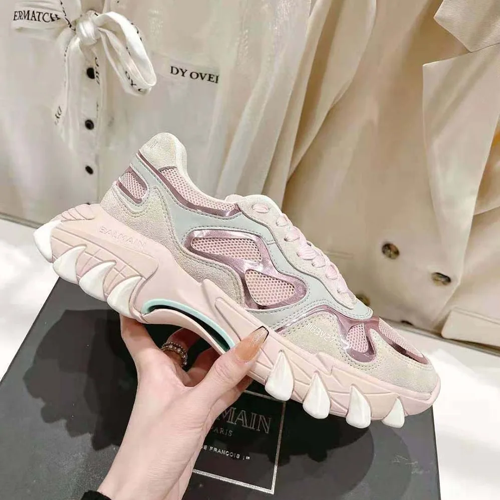 Balmain B-East Trainer in Leather Suede and Mesh for Women in Pink Balmain B-East Trainer in Leather Suede and Mesh for Women in Pink
