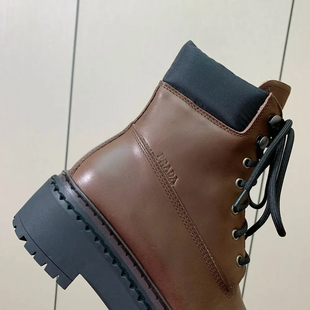 Prada Leather and Re-Nylon booties for Unisex in Cognac