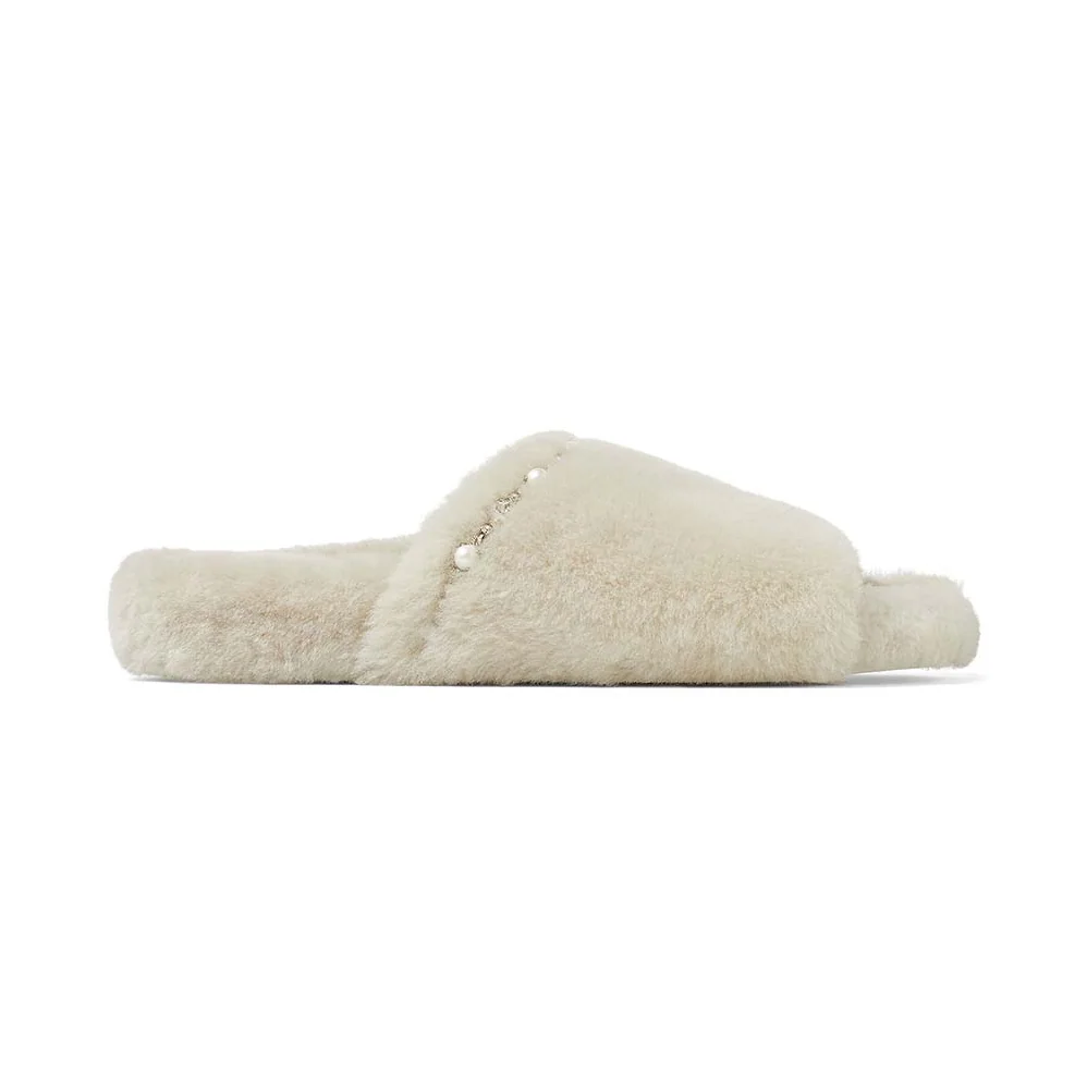Jimmy Choo Acinda Slipper Natural Shearling Slippers with Crystal and Pearl Detailing for Women