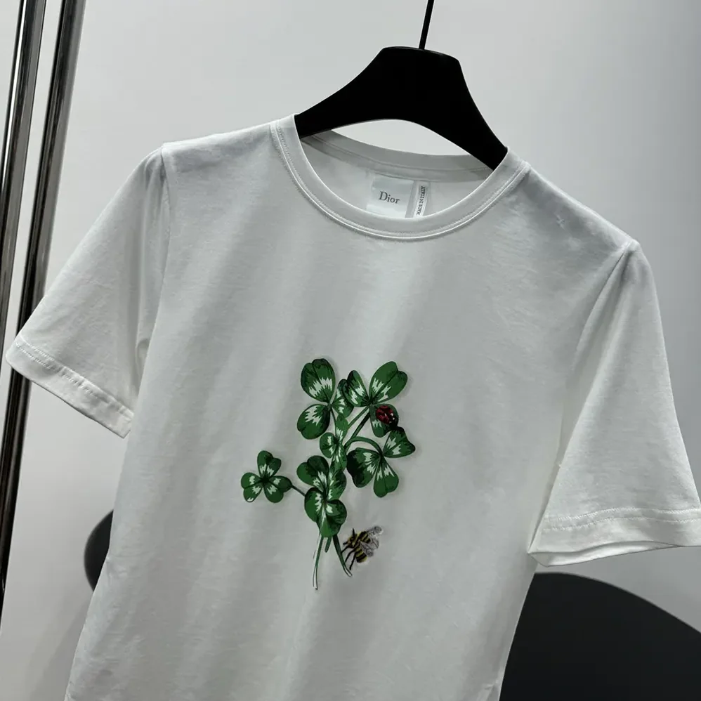 Dior Fitted T-Shirt White Cotton Jersey with Green Dior Clover Motif for Women