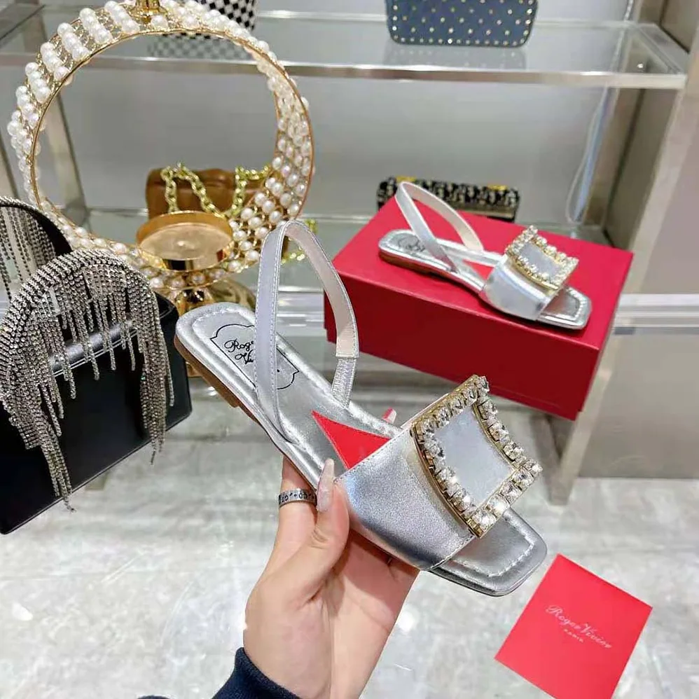Roger Vivier Biki Love Strass Buckle Sandals in Leather for Women in Silver Roger Vivier Biki Love Strass Buckle Sandals in Leather for Women in Silver