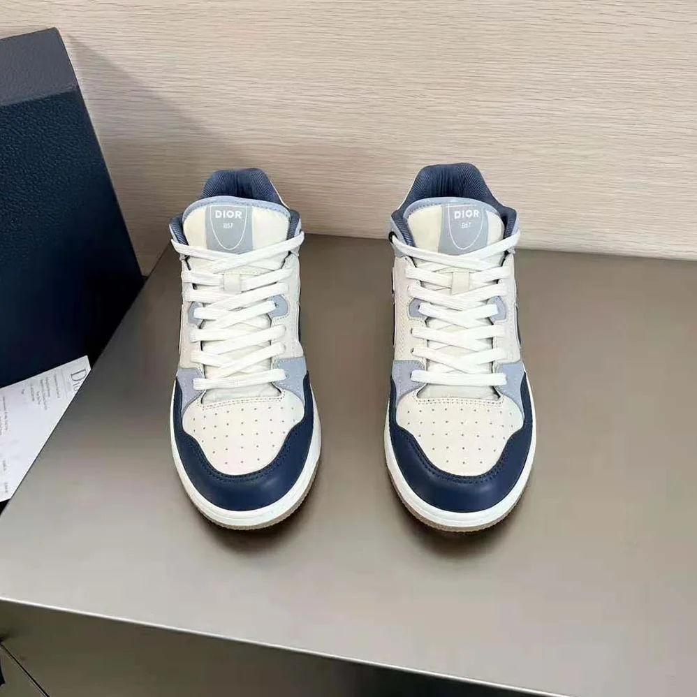 Dior B57 Mid-Top Sneaker Navy Blue and Cream Smooth Calfskin with Gray Suede for Men