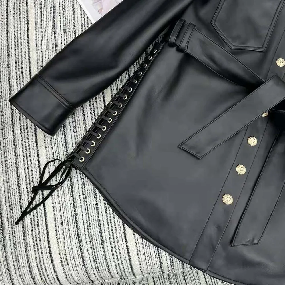 Balmain Leather Overshirt with Lace for Women in up Details