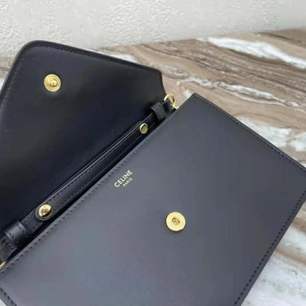 Celine Maillon Triomphe Wallet on Chain in Shiny Calfskin for Women in Black