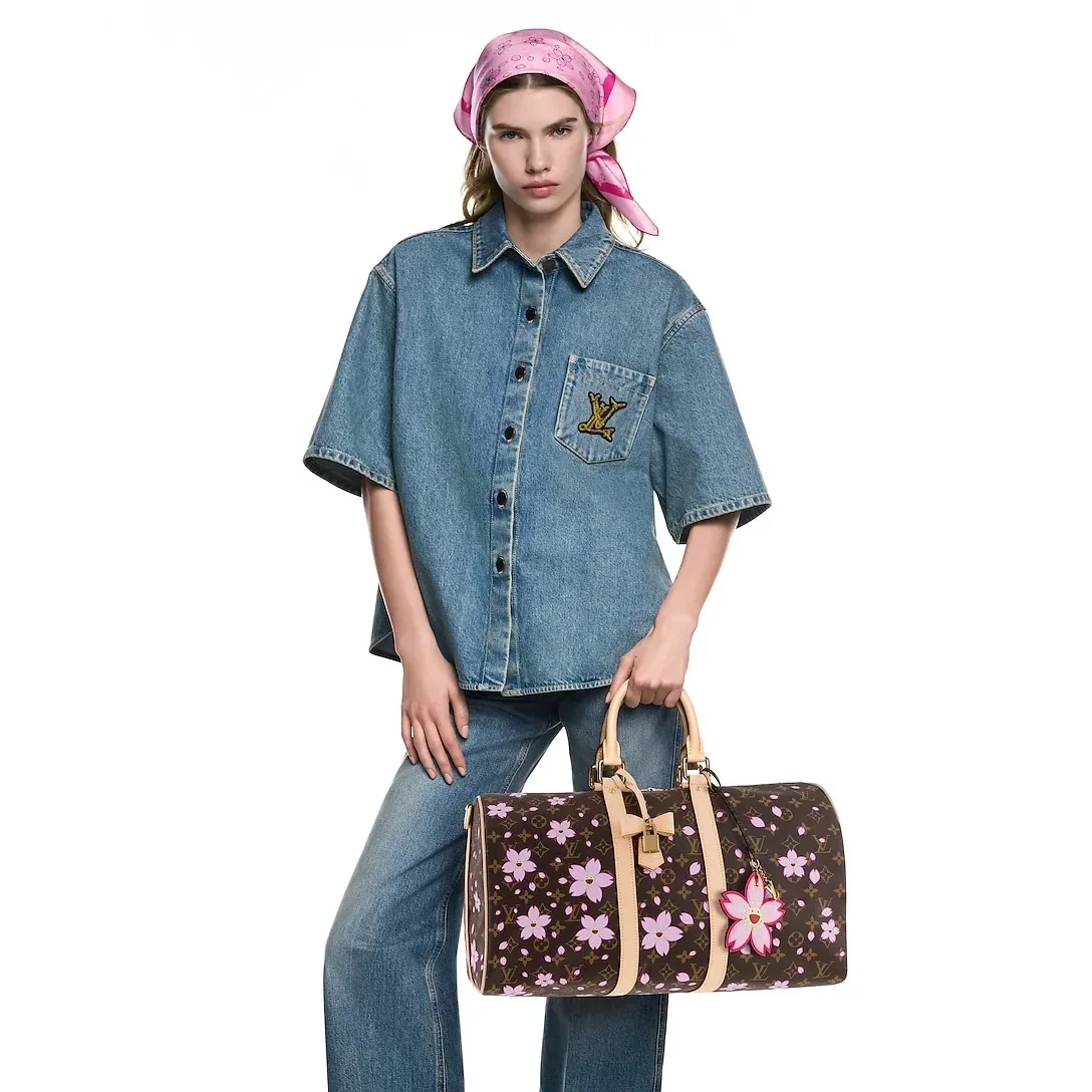 Louis Vuitton LV x Murakami Keepall Bandouliere 45 Travel Bag in Sakura Brown Gold Hardware Louis Vuitton LV x Murakami Keepall Bandouliere 45 Travel Bag in Sakura Brown Gold Hardware