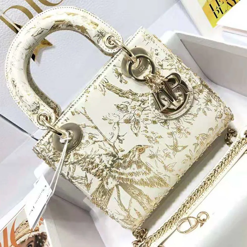 Dior Mini Lady Dior Bag White Calfskin with Gold-Tone Printed and Bead-Embroidered Dior Jardin D'Hiver Motif for Women Dior Mini Lady Dior Bag White Calfskin with Gold-Tone Printed and Bead-Embroidered Dior Jardin D'Hiver Motif for Women