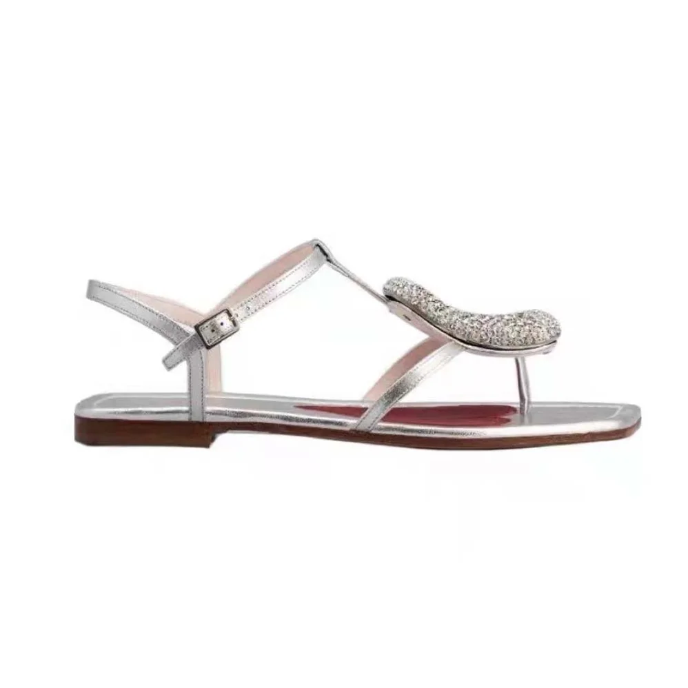 Roger Vivier Viv Choc Strass Buckle Thong Sandals in Leather for Women in Silver Roger Vivier Viv Choc Strass Buckle Thong Sandals in Leather for Women in Silver