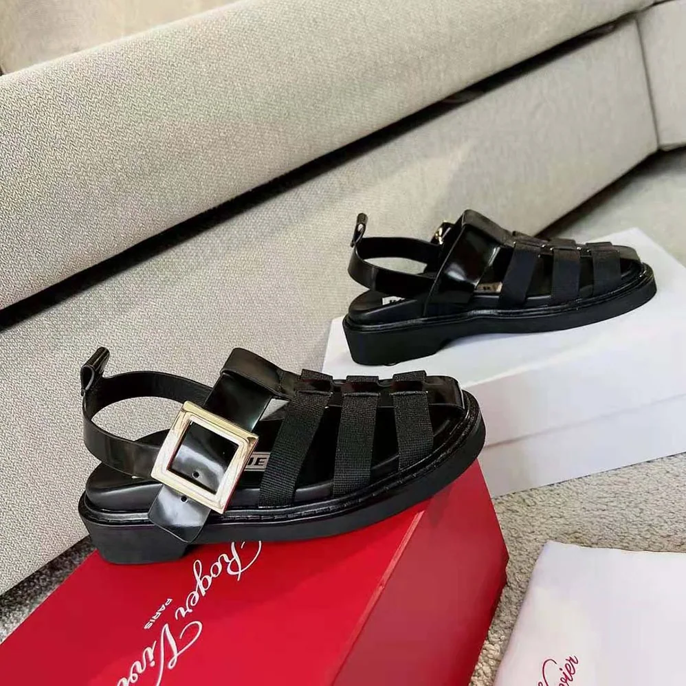 Roger Vivier Viv' Rangers Metal Buckle Fisherman Sandals in Leather for Women Roger Vivier Viv' Rangers Metal Buckle Fisherman Sandals in Leather for Women
