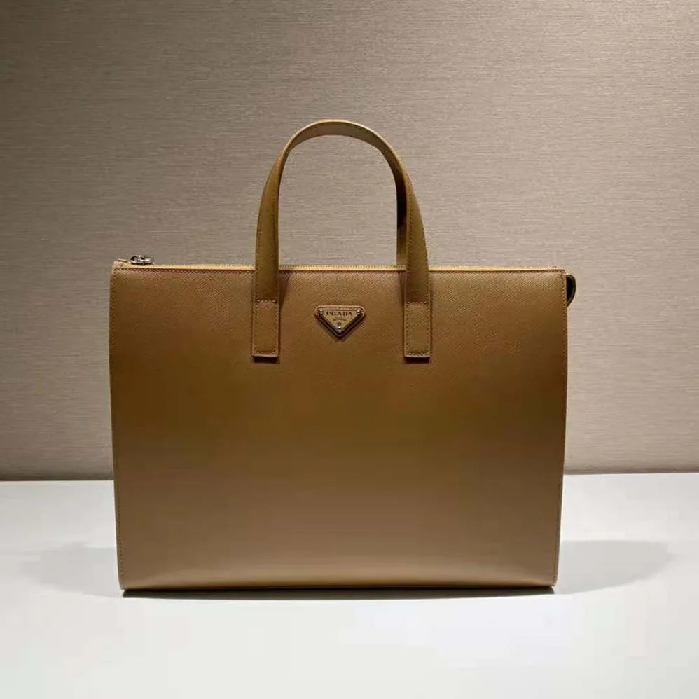 Prada Saffiano Leather Tote with a Crosshatch Pattern and Wax Finish for Men in Brown