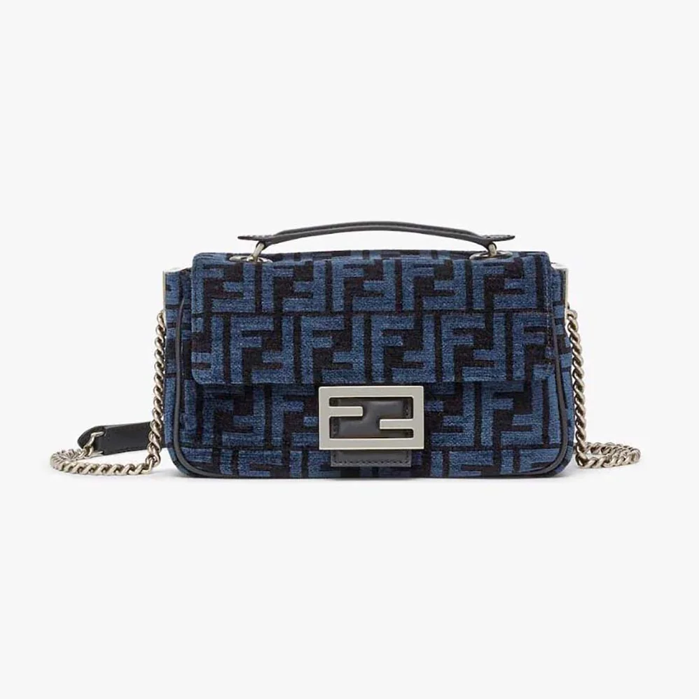 Fendi Baguette Chain Midi Dark Blue FF Tapestry Fabric Bag for Women Fendi Baguette Chain Midi Dark Blue FF Tapestry Fabric Bag for Women