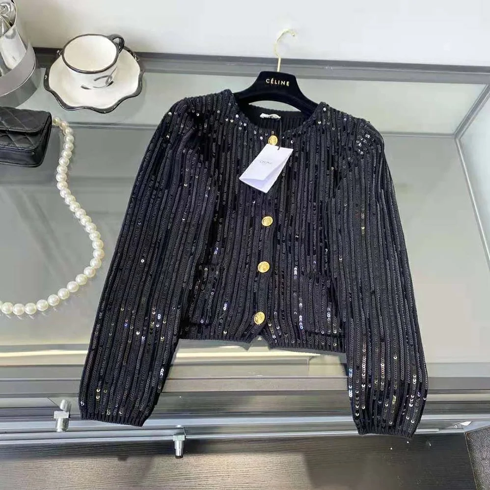 Celine Embroidered Cardigan in Ribbed Mohair for Women in Black