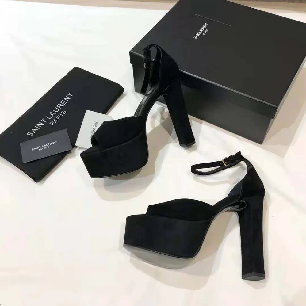 Saint Laurent YSL Jodie Platform Sandals in Suede for Women in Black