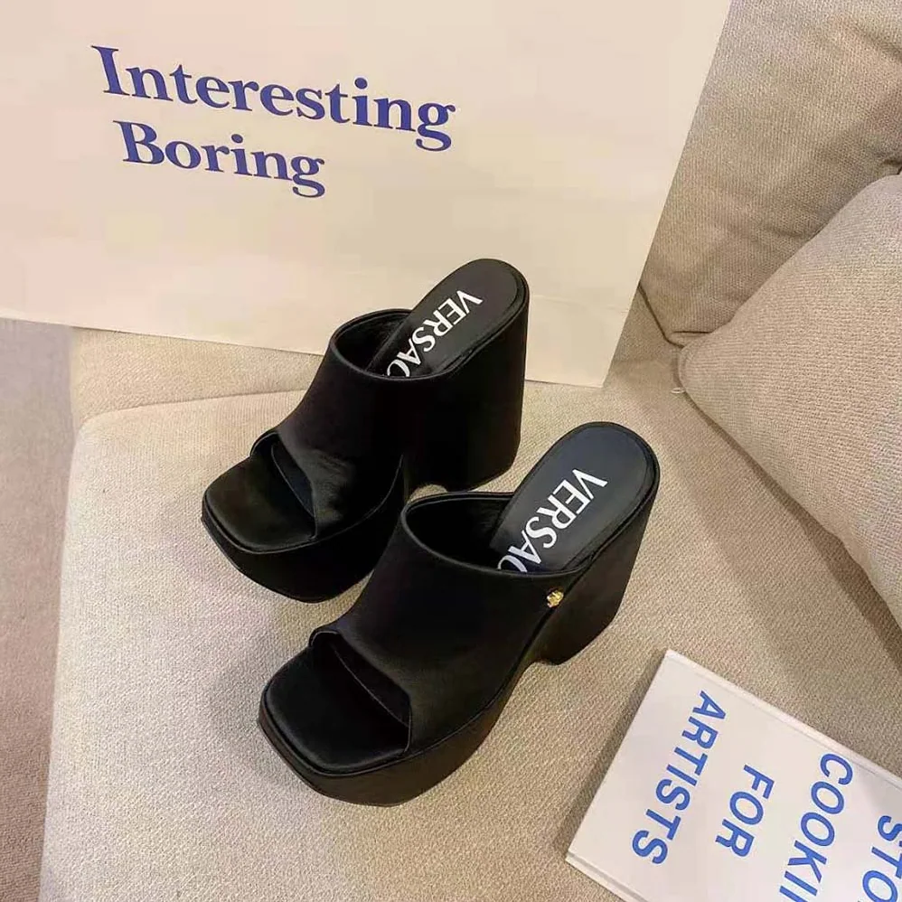 Versace Triplatform Leather Mules for Women in Black