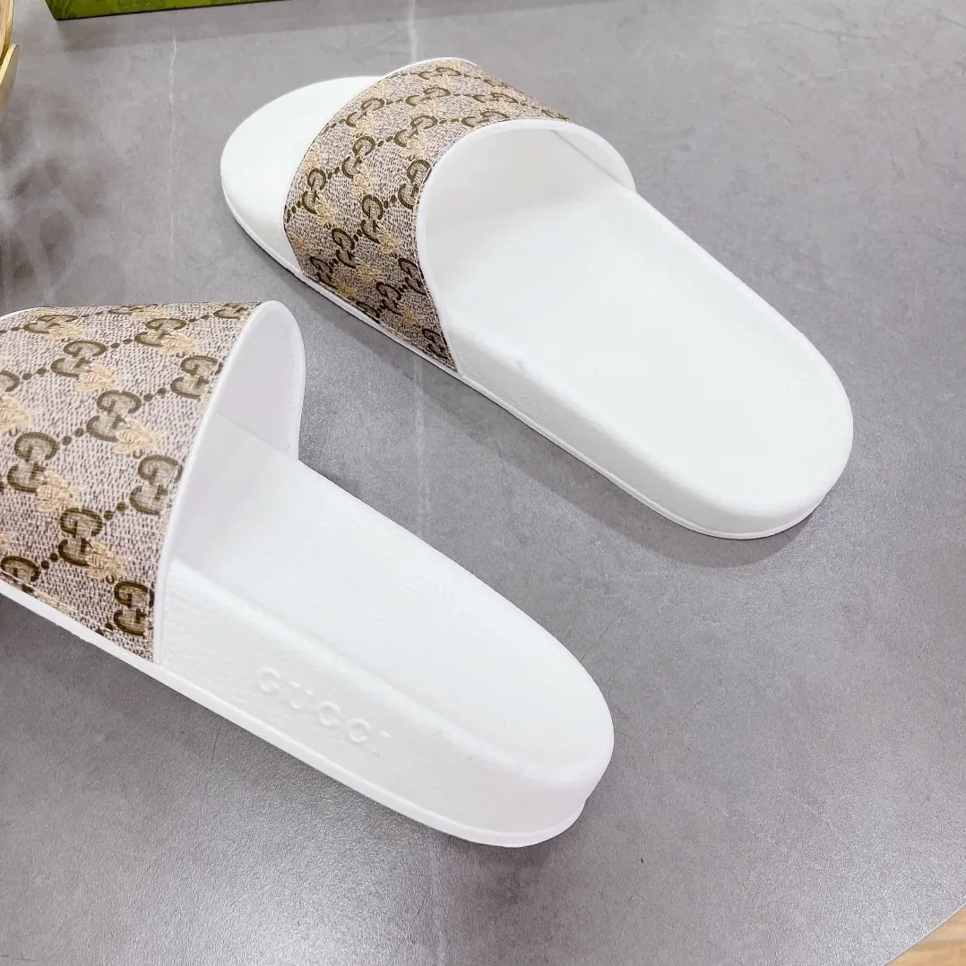 Gucci GG Slide Sandal With Bees White And Brown for Women Gucci GG Slide Sandal With Bees White And Brown for Women