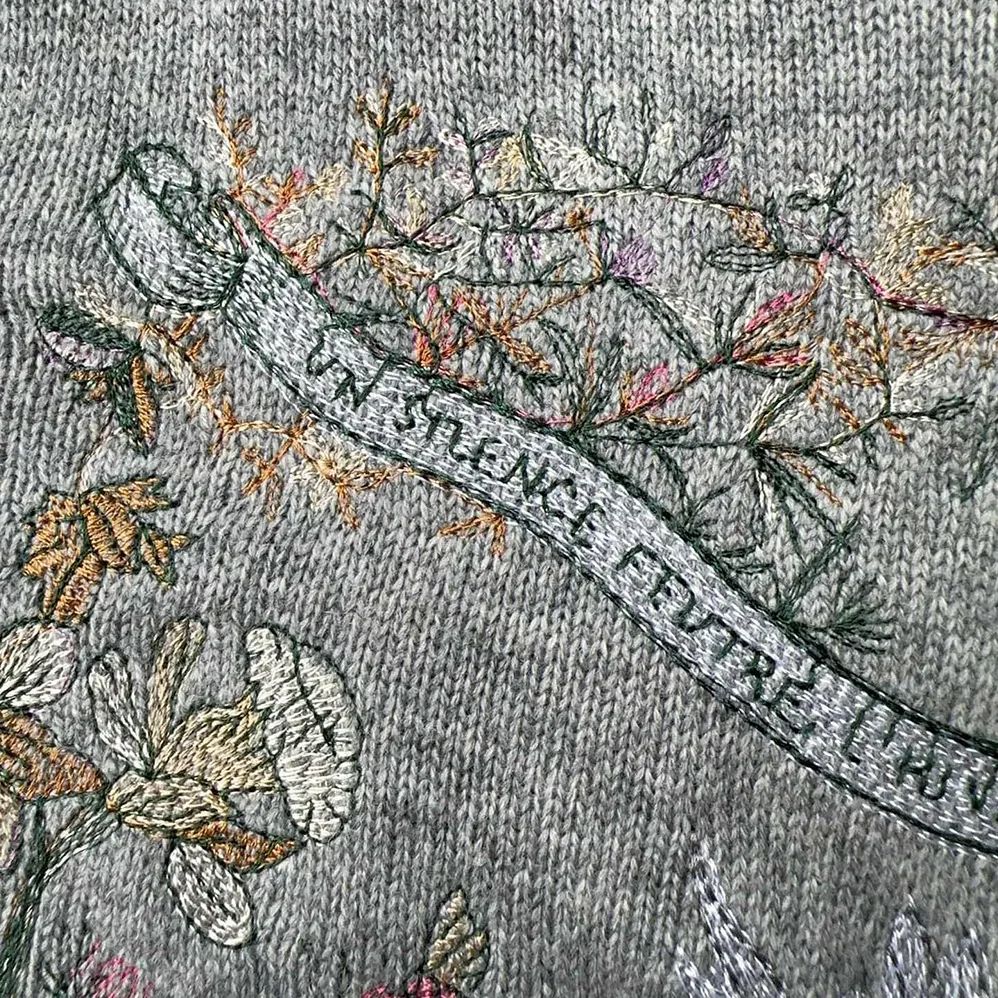 Dior Embroidered Sweater Gray Cashmere Knit with Multicolor Dior 4 Saisons Hiver Motif for Women