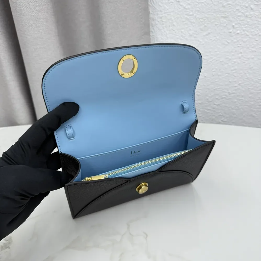 Dior Médaillon Envelope Pouch with Strap Black and Myosotis Blue Grained Calfskin for Women Dior Médaillon Envelope Pouch with Strap Black and Myosotis Blue Grained Calfskin for Women